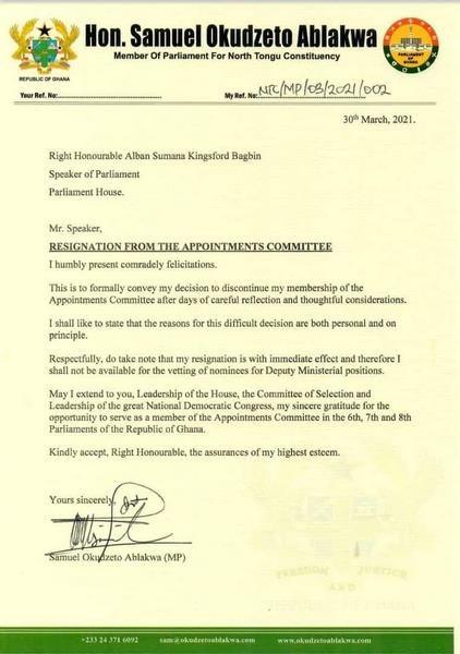 Okudzeto Ablakwa resignation letter